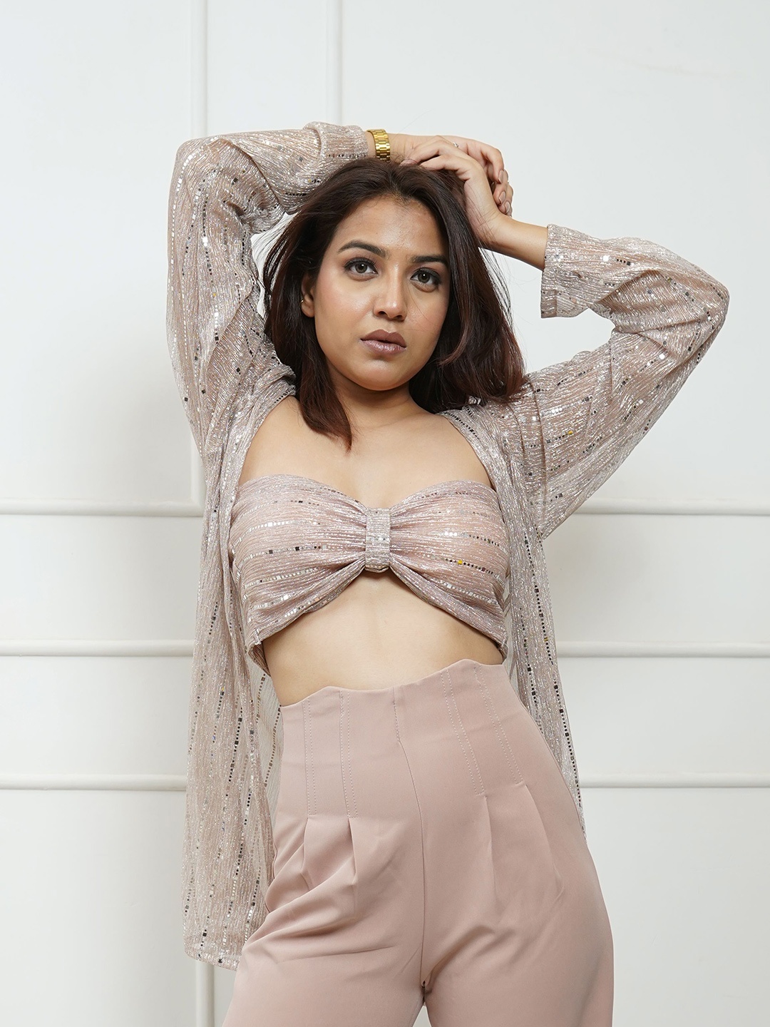 

StyleAsh Embellished Georgette Padded Bralette Top With Shrug, Peach