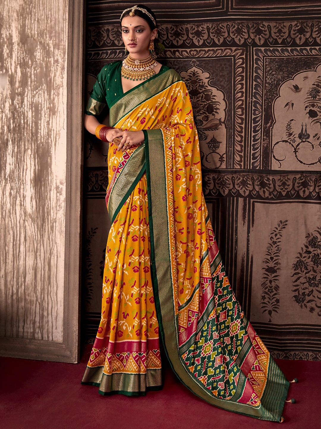 

Saree mall Ethnic Motifs Printed Zari Patola Sarees, Yellow