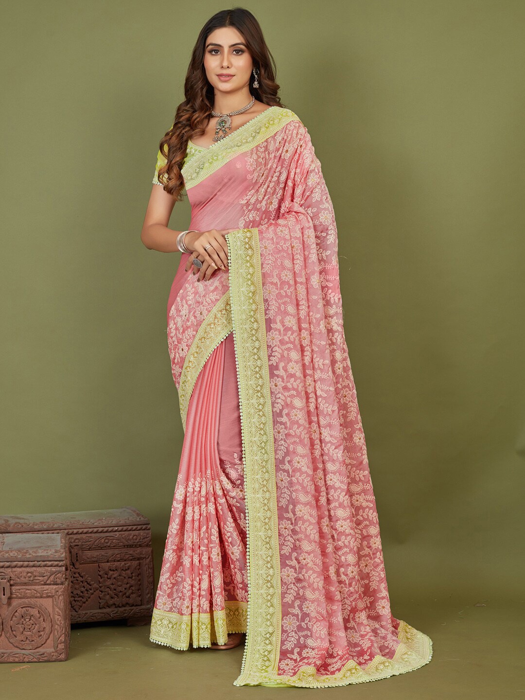 

Saree mall Pink Green Ethnic Motifs Embroidered Poly Chiffon Sarees