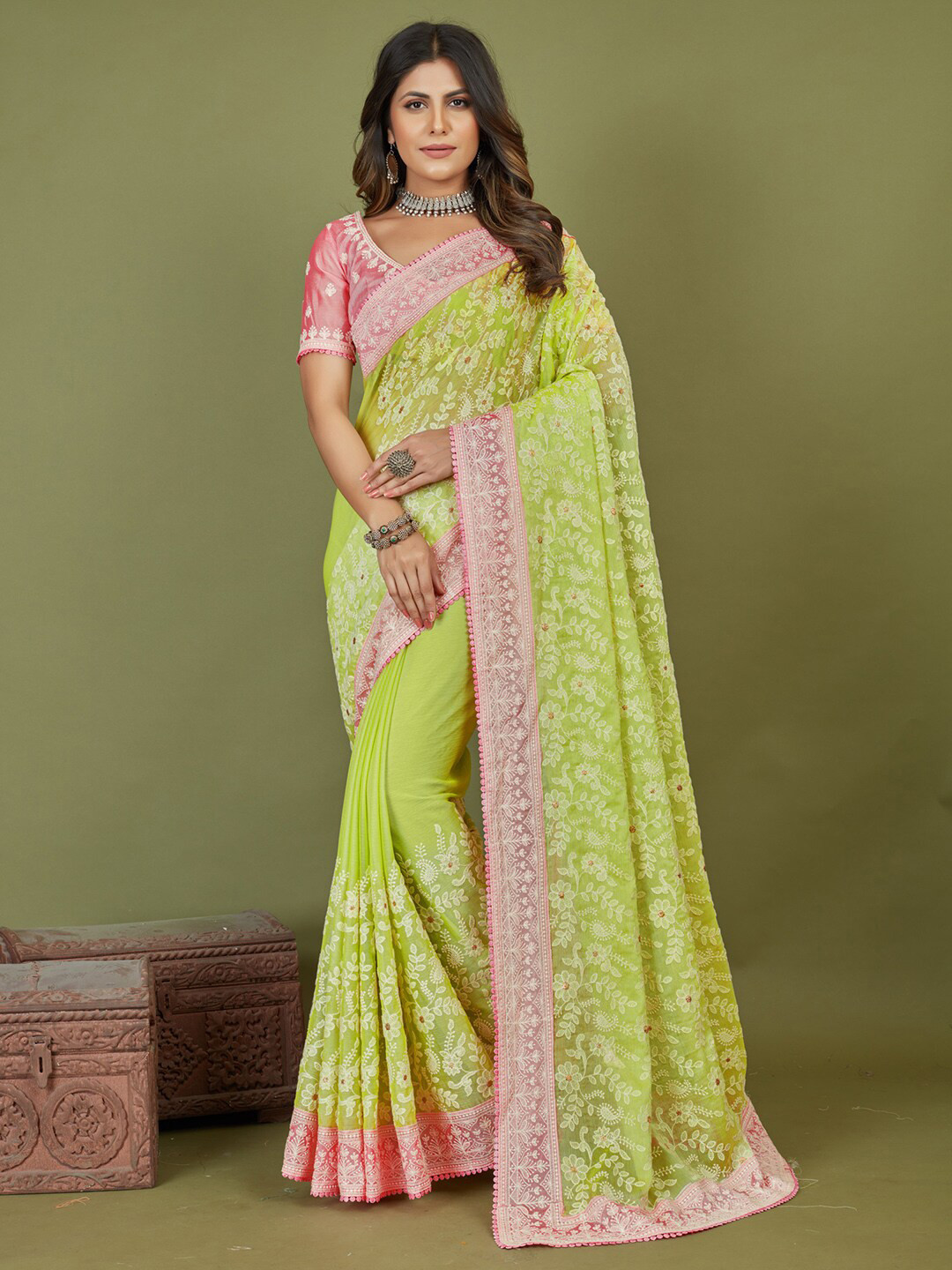 

Saree mall Yellow & Pink Floral Embroidered Pure Chiffon Sarees