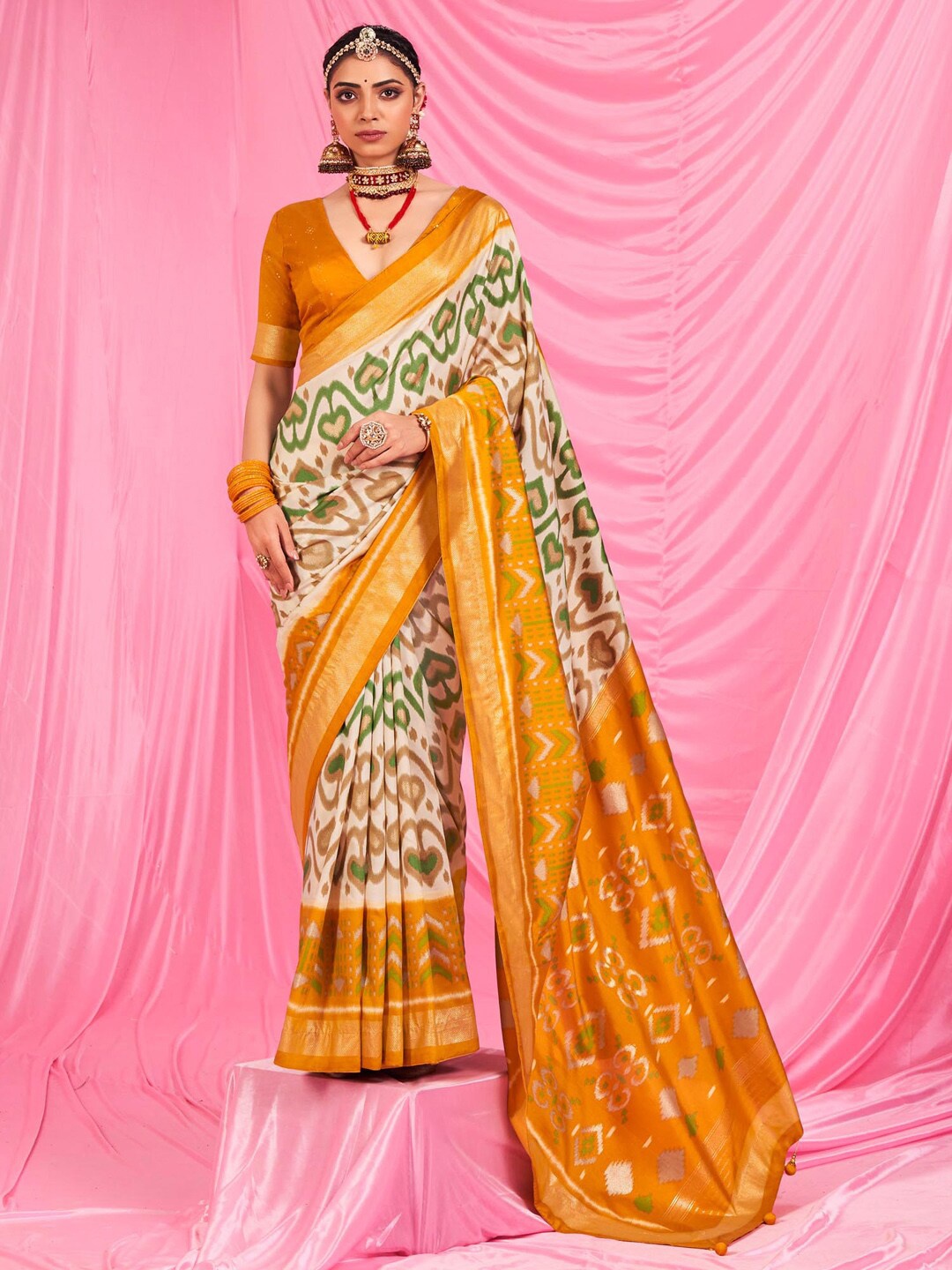 

Saree mall Ethnic Motifs Printed Zari Ikat Sarees, Off white