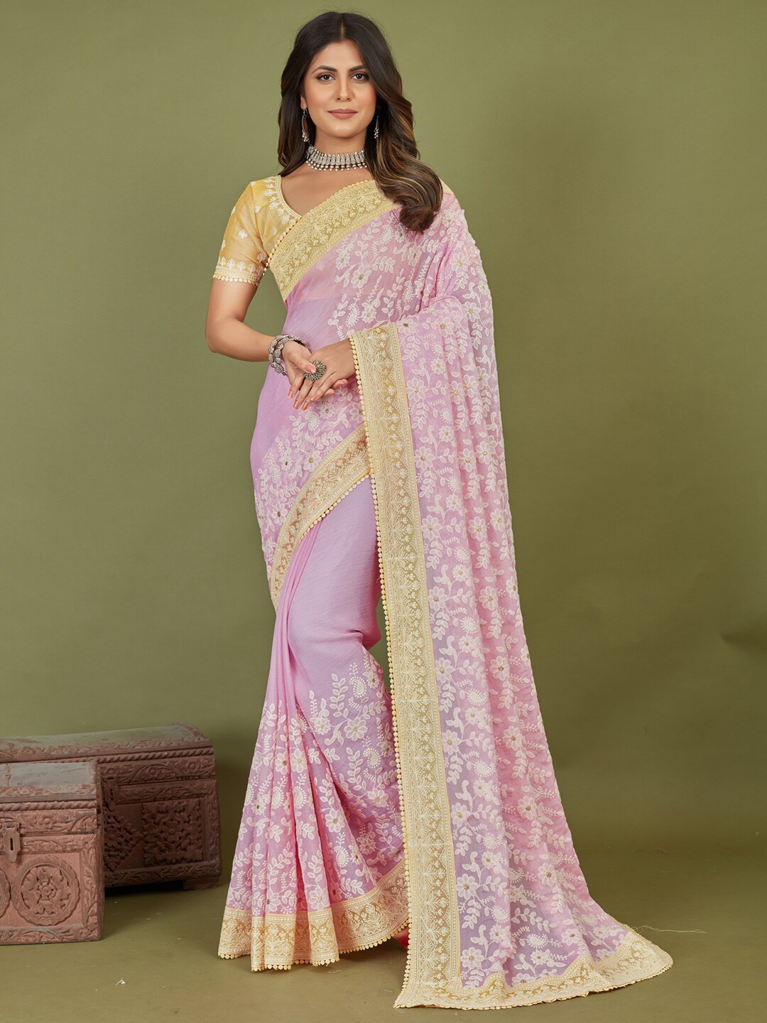 

Saree mall Lavender & Yellow Embroidered Chiffon Sarees