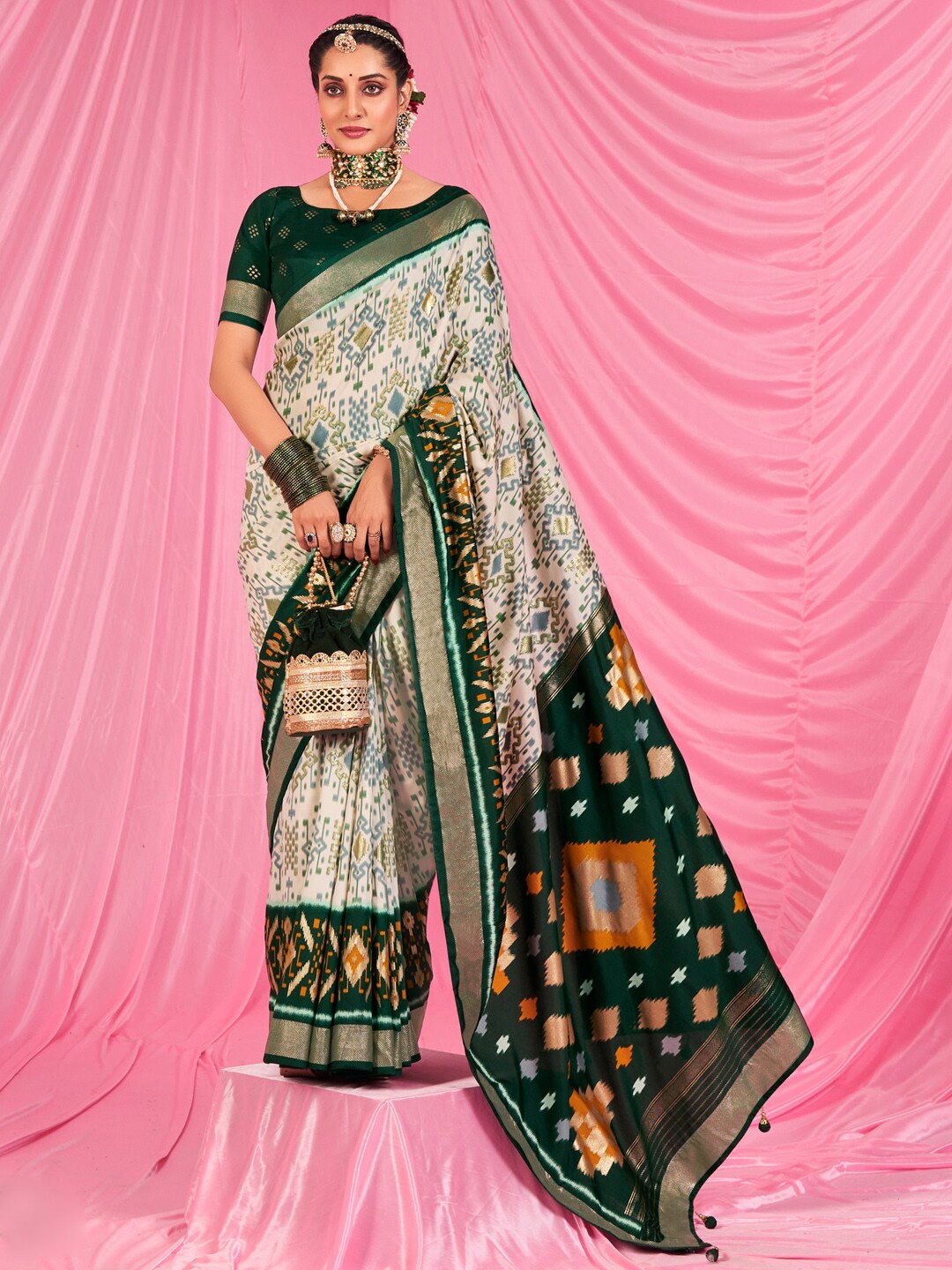 

Saree mall Off White & Green Ethnic Motifs Zari Sarees