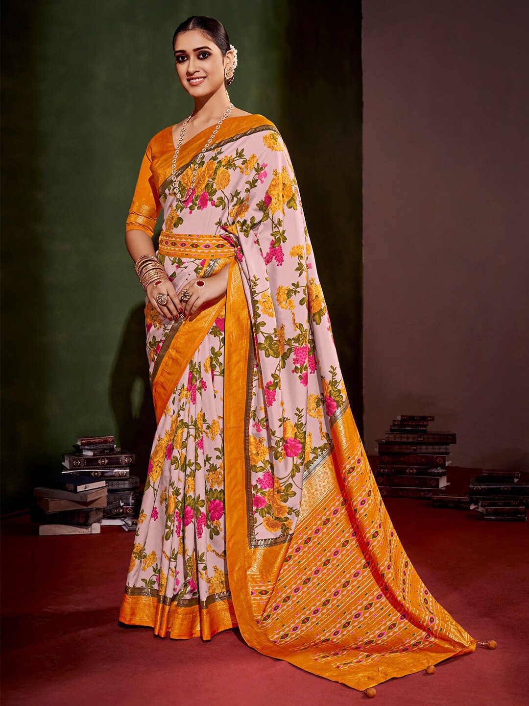 

Saree mall Floral Printed Zari Bagh Sarees, Off white