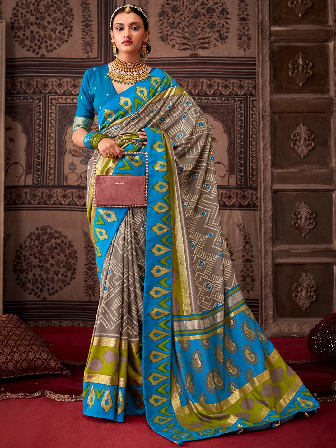 

Saree mall Ethnic Motifs Printed Zari Patola Sarees, Grey