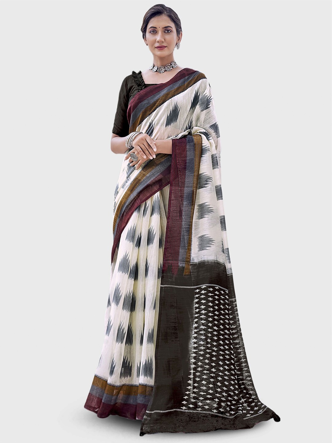 

KALINI Abstract Printed Saree, Cream