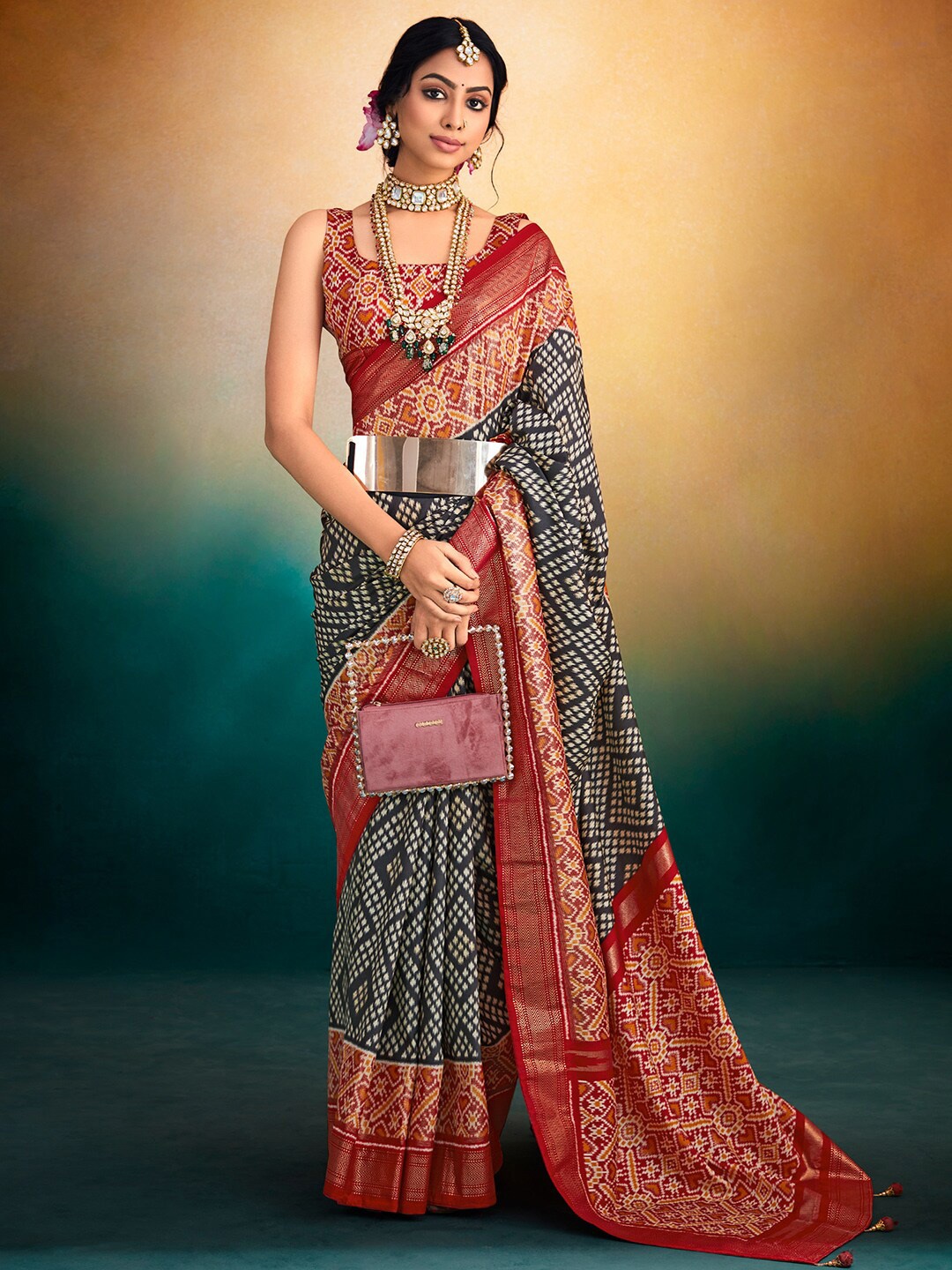 

Saree mall Ethnic Motifs Printed Zari Patola Saree, Black