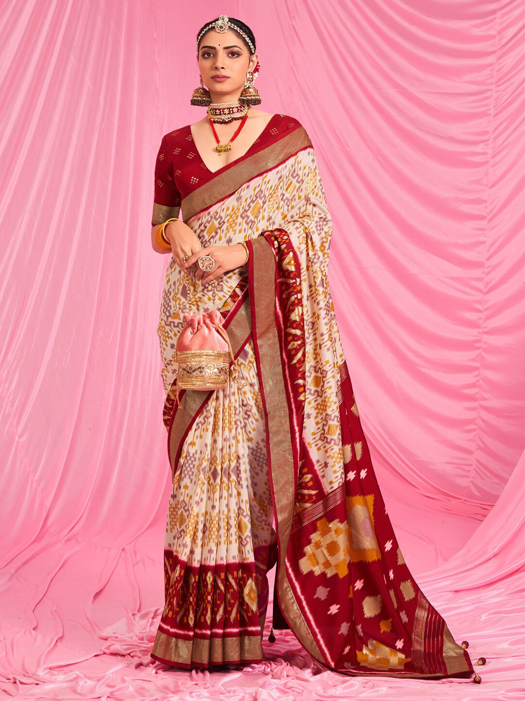 

Saree mall Ethnic Motif Printed Zari Ikat Sarees, Off white