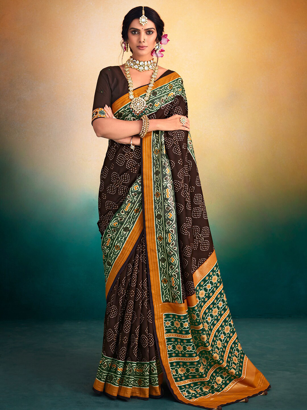 

Saree mall Brown & White Ethnic Motifs Printed Sarees