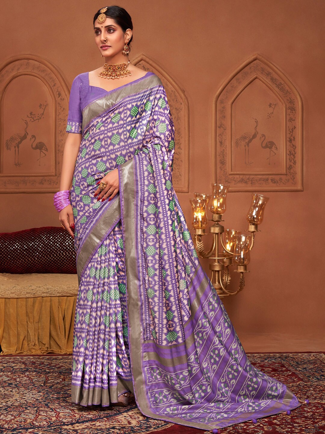 

Saree mall Lavender & White Ethnic Motifs Zari Sarees