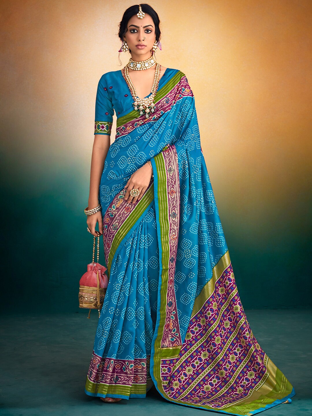 

Saree mall Ethnic Motifs Printed Zari Patola Sarees, Blue