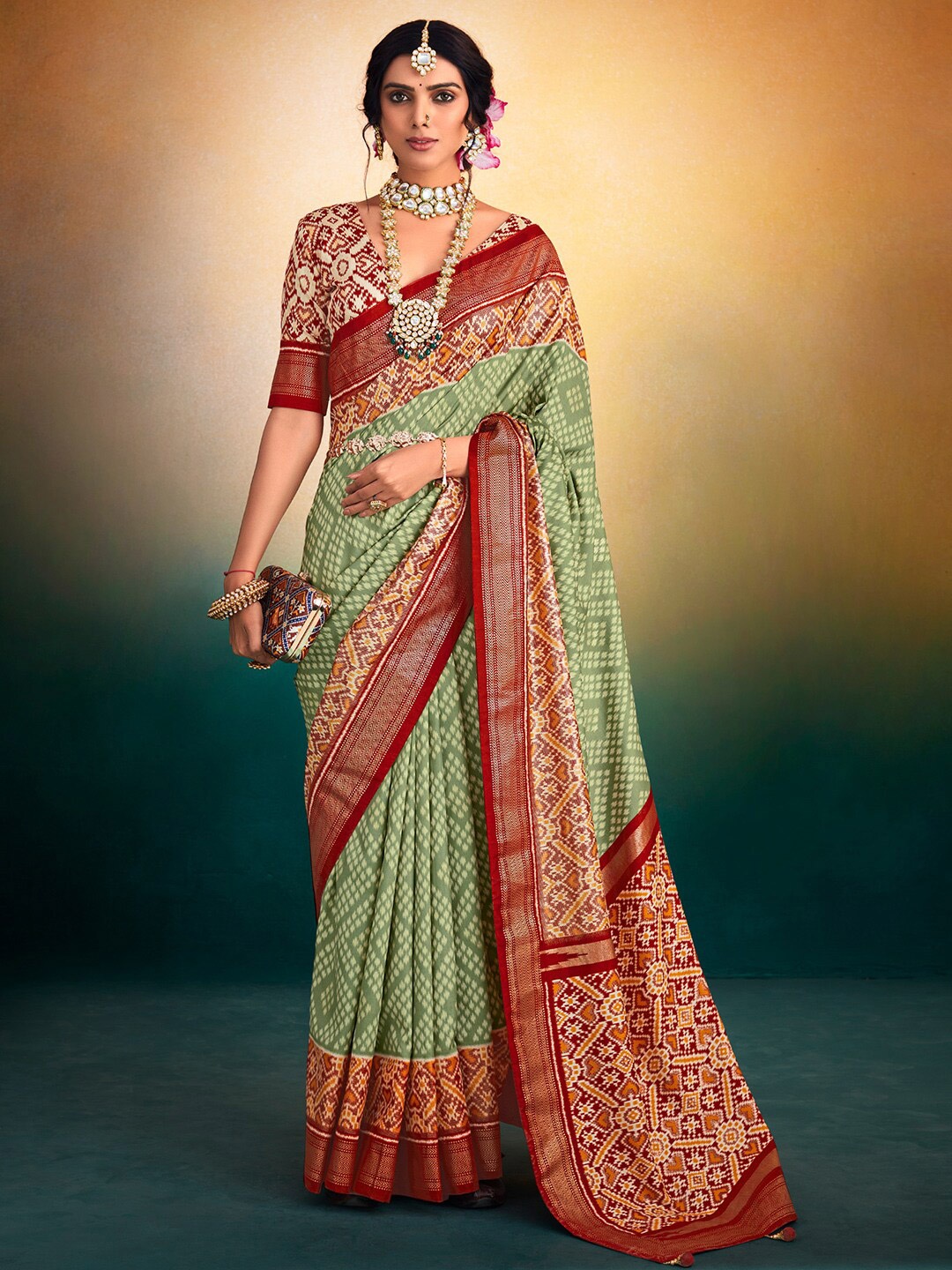 

Saree mall Ethnic Motifs Printed Zari Patola Sarees, Sea green