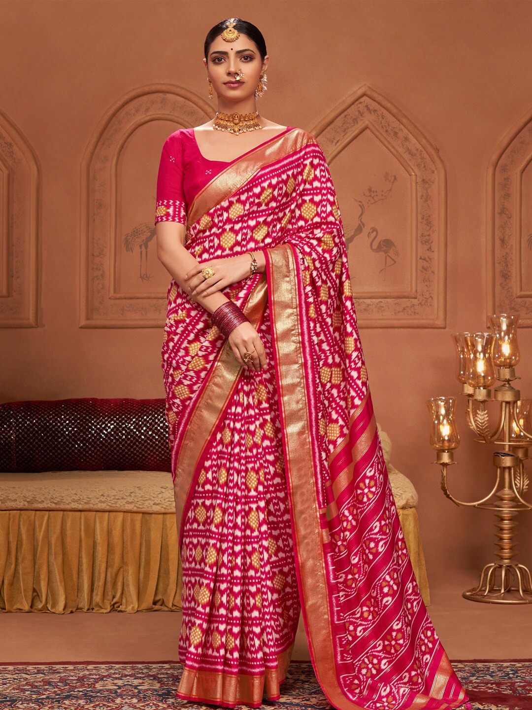 

Saree mall Pink & Gold-Toned Ethnic Motifs Printed Zari Ikat Sarees