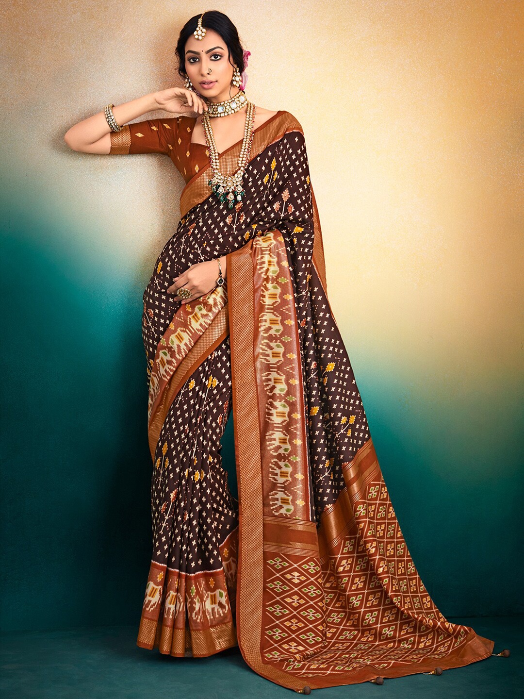 

Saree mall Ethnic Motifs Printed Patola Sarees, Brown