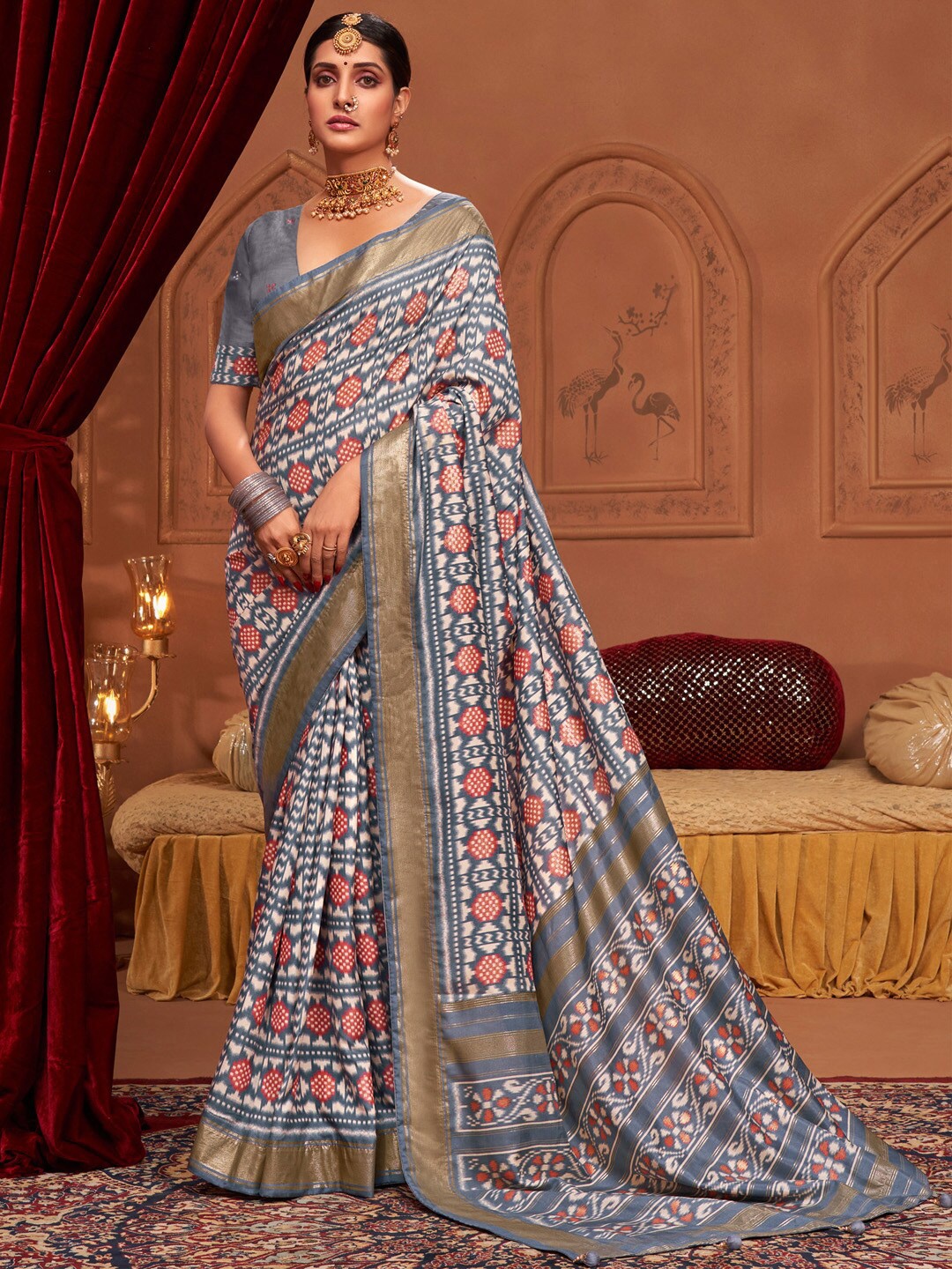 

Saree mall Grey & Red Ethnic Motifs Printed Zari Sarees