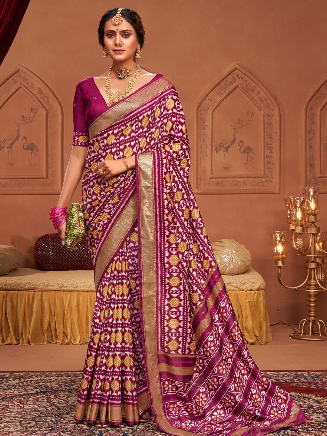 

Saree mall Magenta & Yellow Ethnic Motifs Printed Zari Ikat Saree