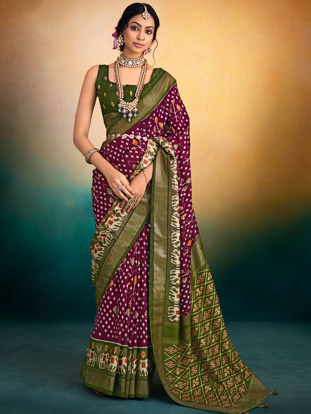 

Saree mall Ethnic Motifs Printed Zari Patola Sarees, Purple