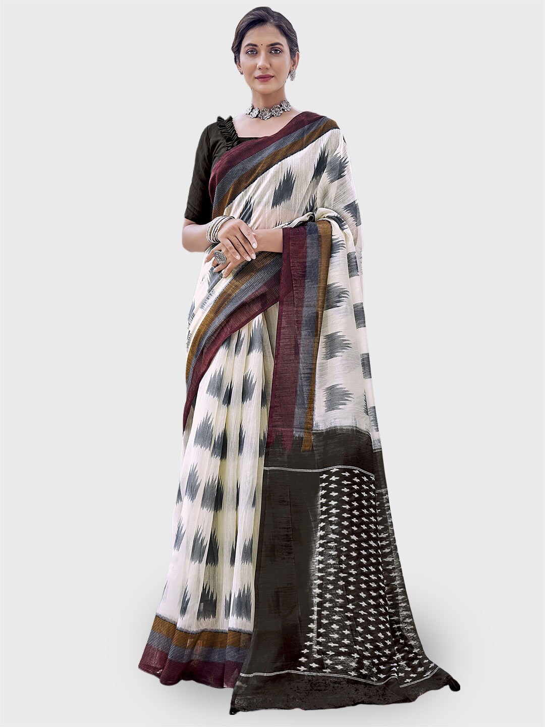 

SIRIL Abstract Printed Saree, Cream