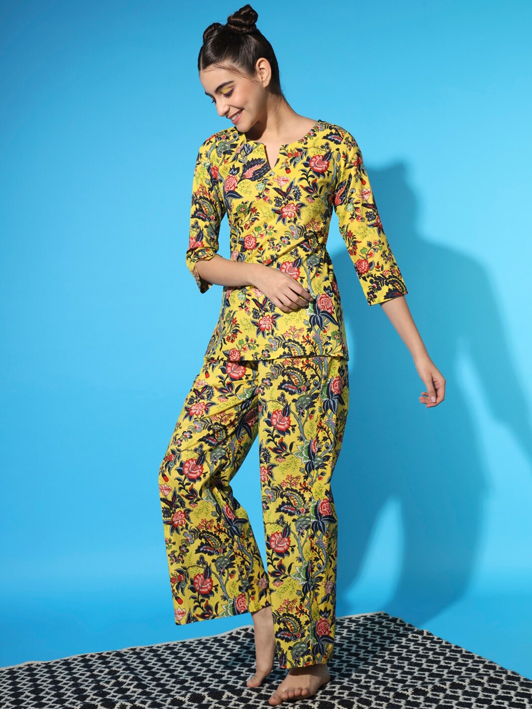 

ETC Floral Printed Pure Cotton Top With Pyjamas, Yellow