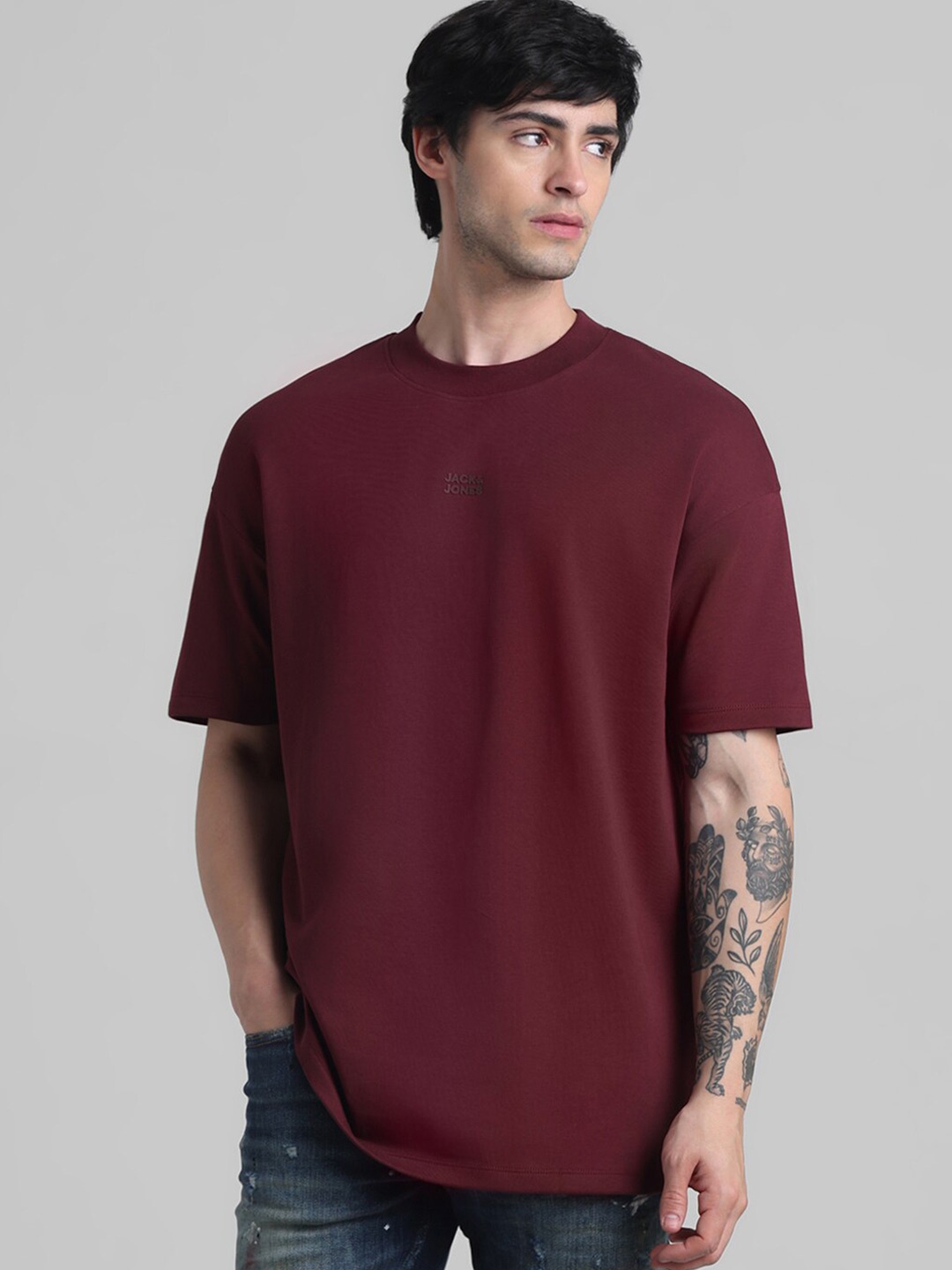 

Jack & Jones Drop-Shoulder Pure Cotton Oversized T-shirt, Maroon