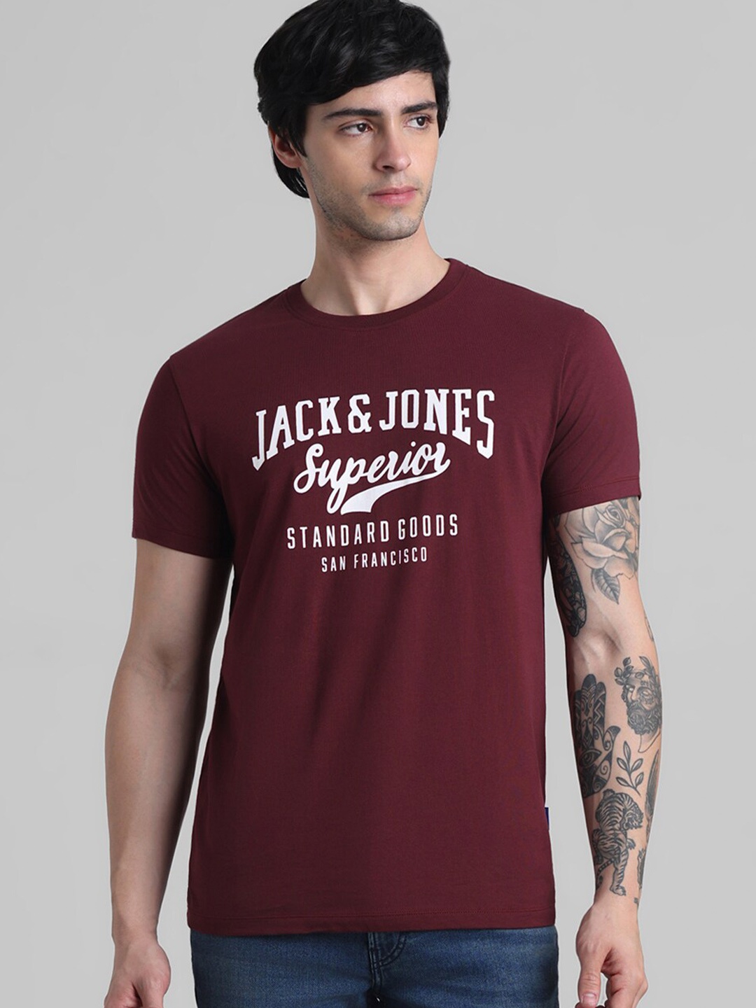 

Jack & Jones Typography Printed Round Neck Slim Fit T-shirt, Maroon