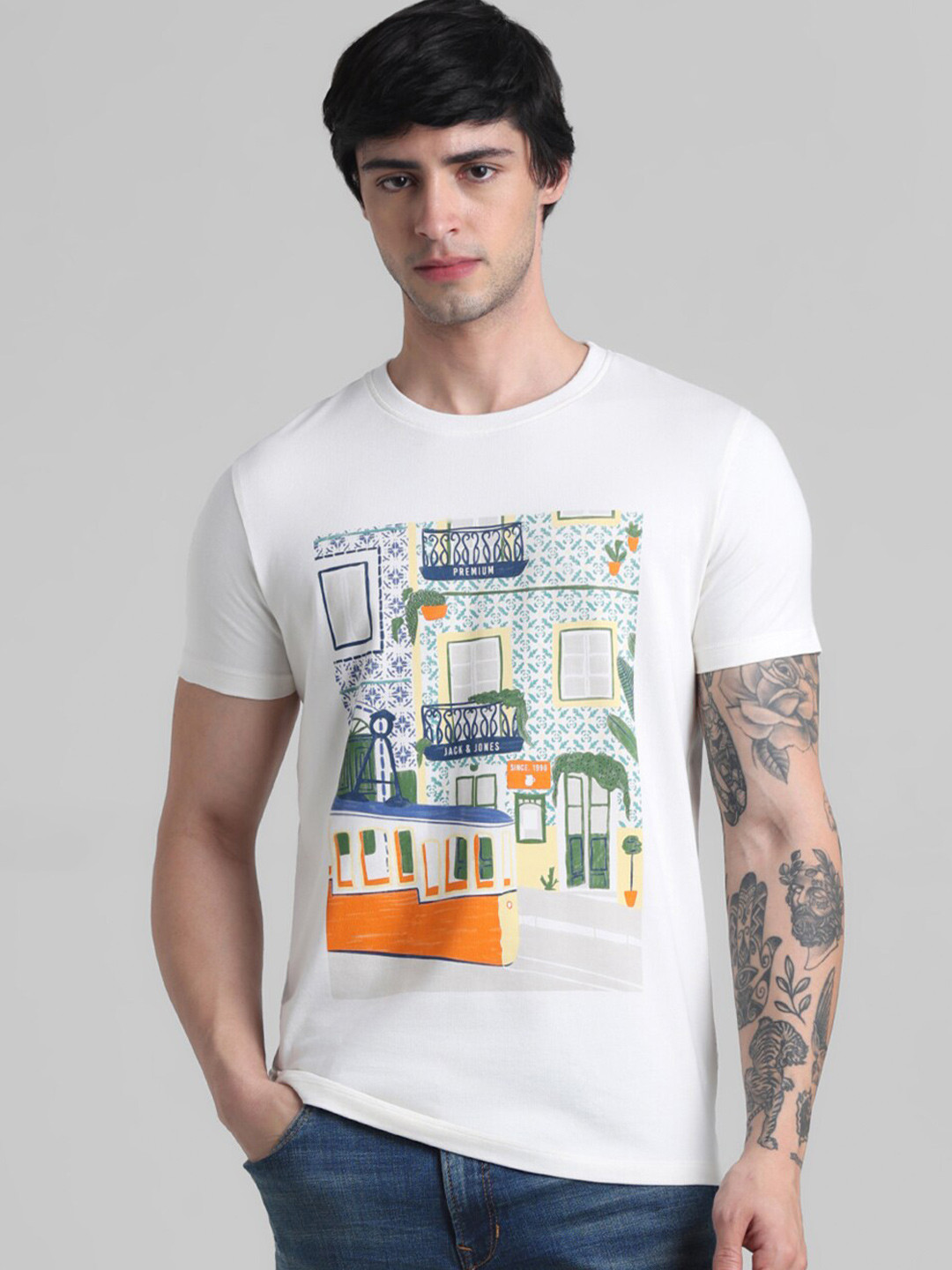 

Jack & Jones Conversational Printed Slim Fit Cotton T-shirt, White