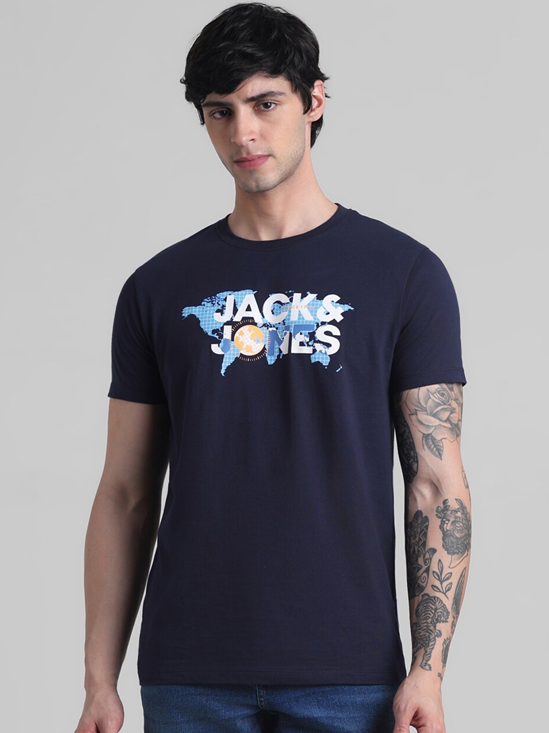 

Jack & Jones Typography Printed Round Neck Pure Cotton Slim Fit T-shirt, Blue