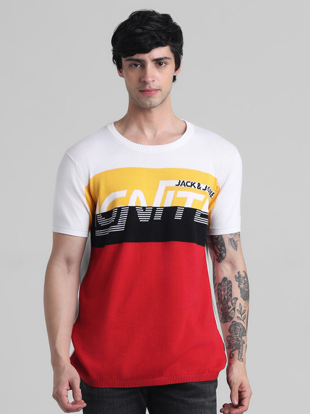 

Jack & Jones Typography Printed Round Neck Pure Cotton T-shirt, Red