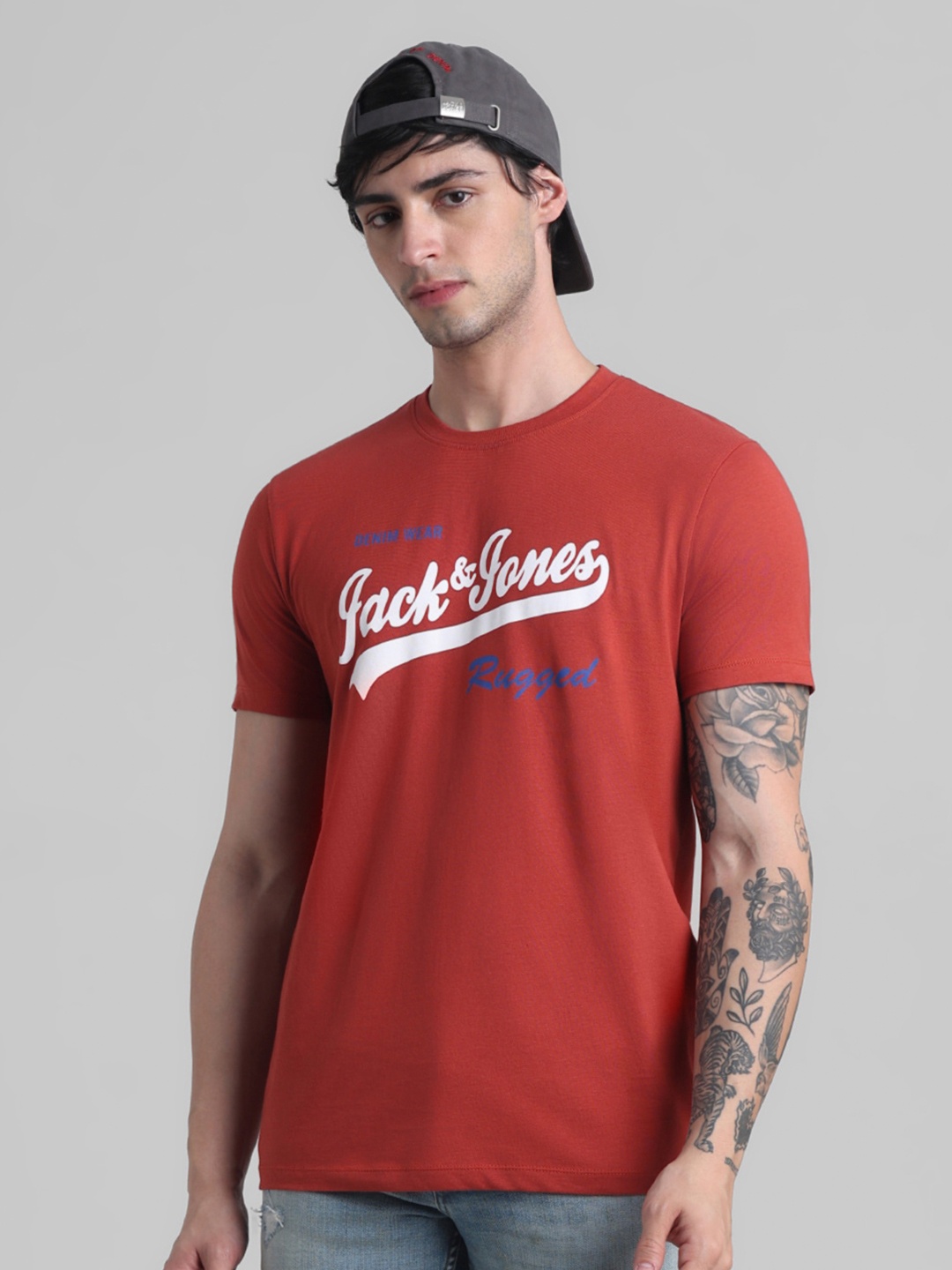 

Jack & Jones Typography Printed Slim Fit Pure Cotton T-shirt, Red