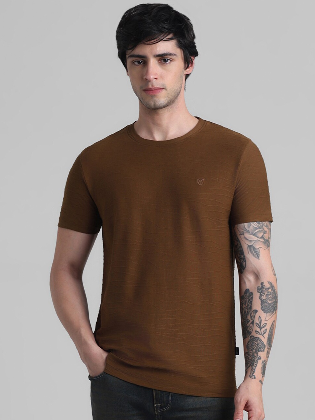 

Jack & Jones Round Neck Slim Fit Pure Cotton T-shirt, Brown