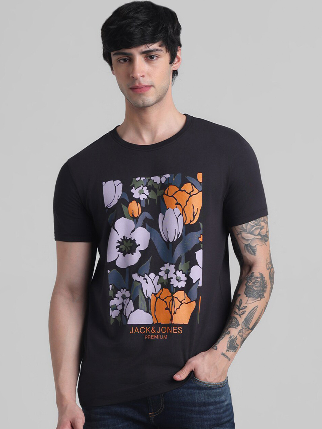 

Jack & Jones Graphic Printed Round Neck Slim Fit T-shirt, Black