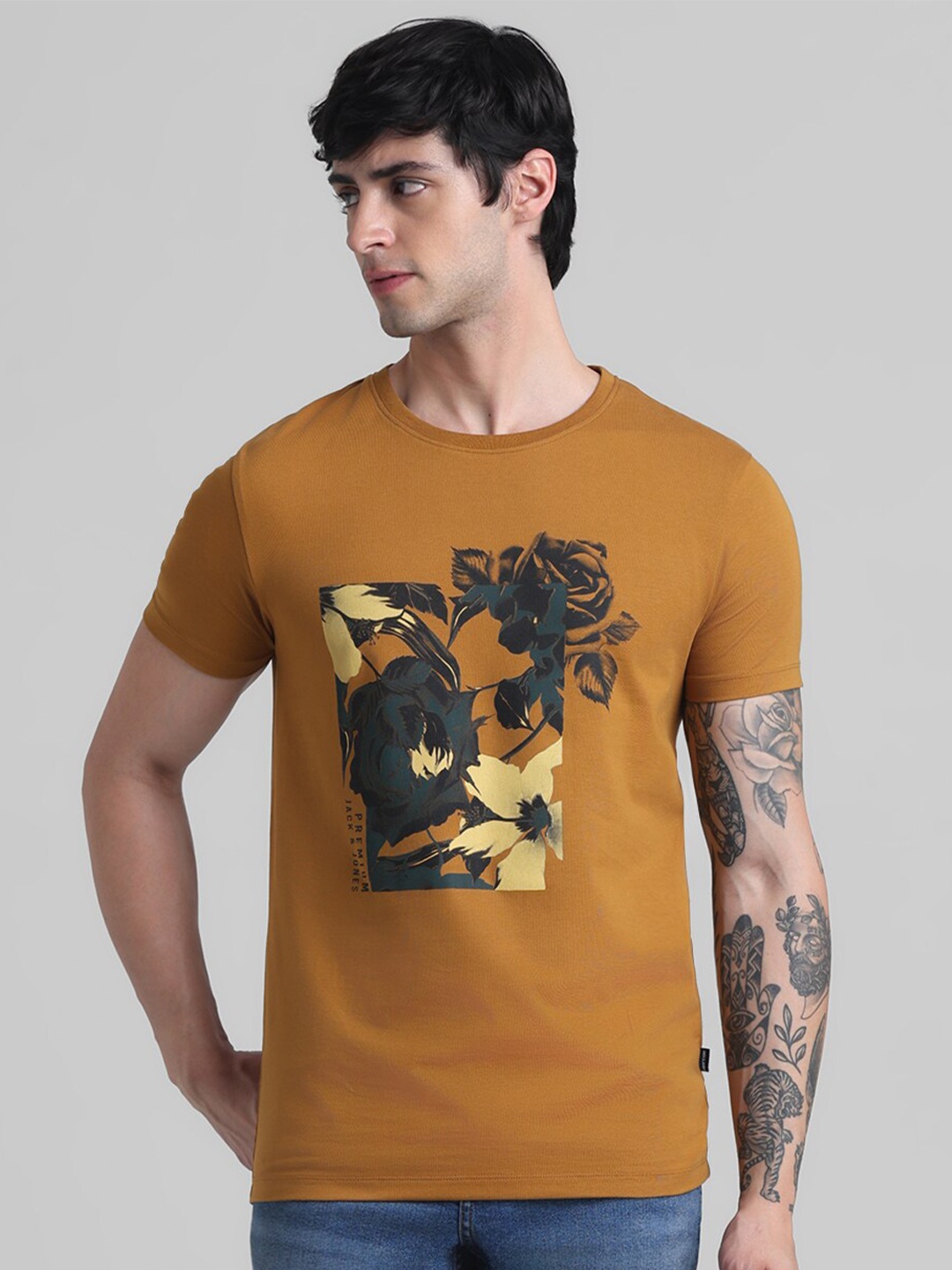 

Jack & Jones Graphic Printed Round Neck Slim Fit T-shirt, Mustard