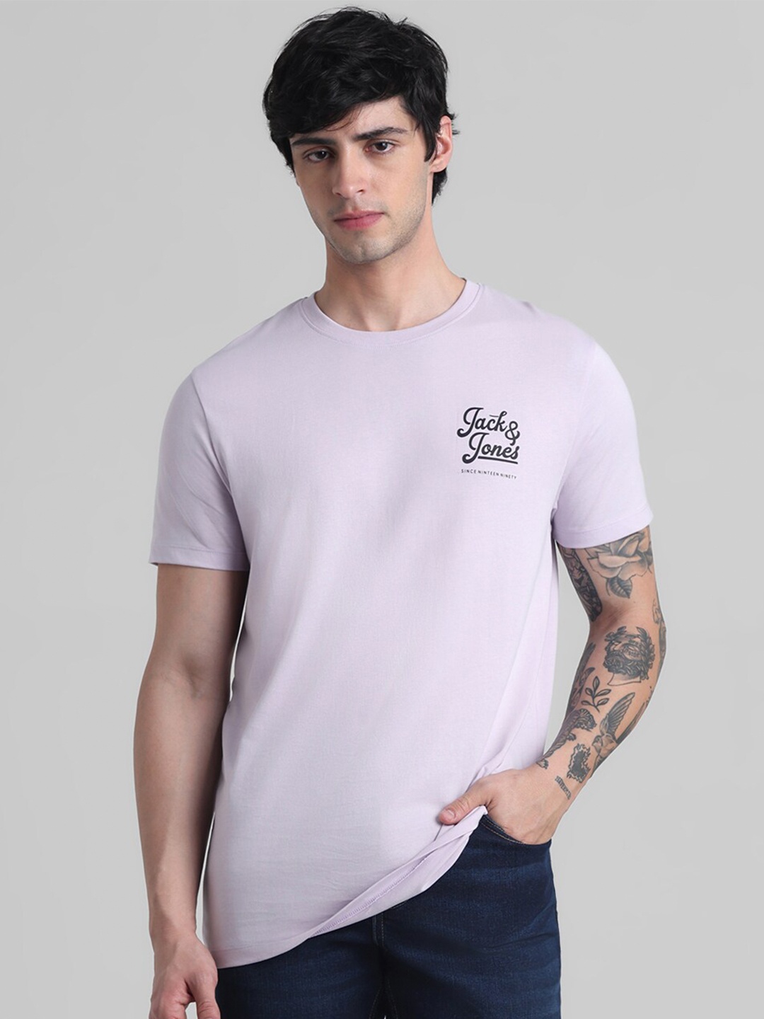 

Jack & Jones Round Neck Pure Cotton Slim Fit T-shirt, Purple