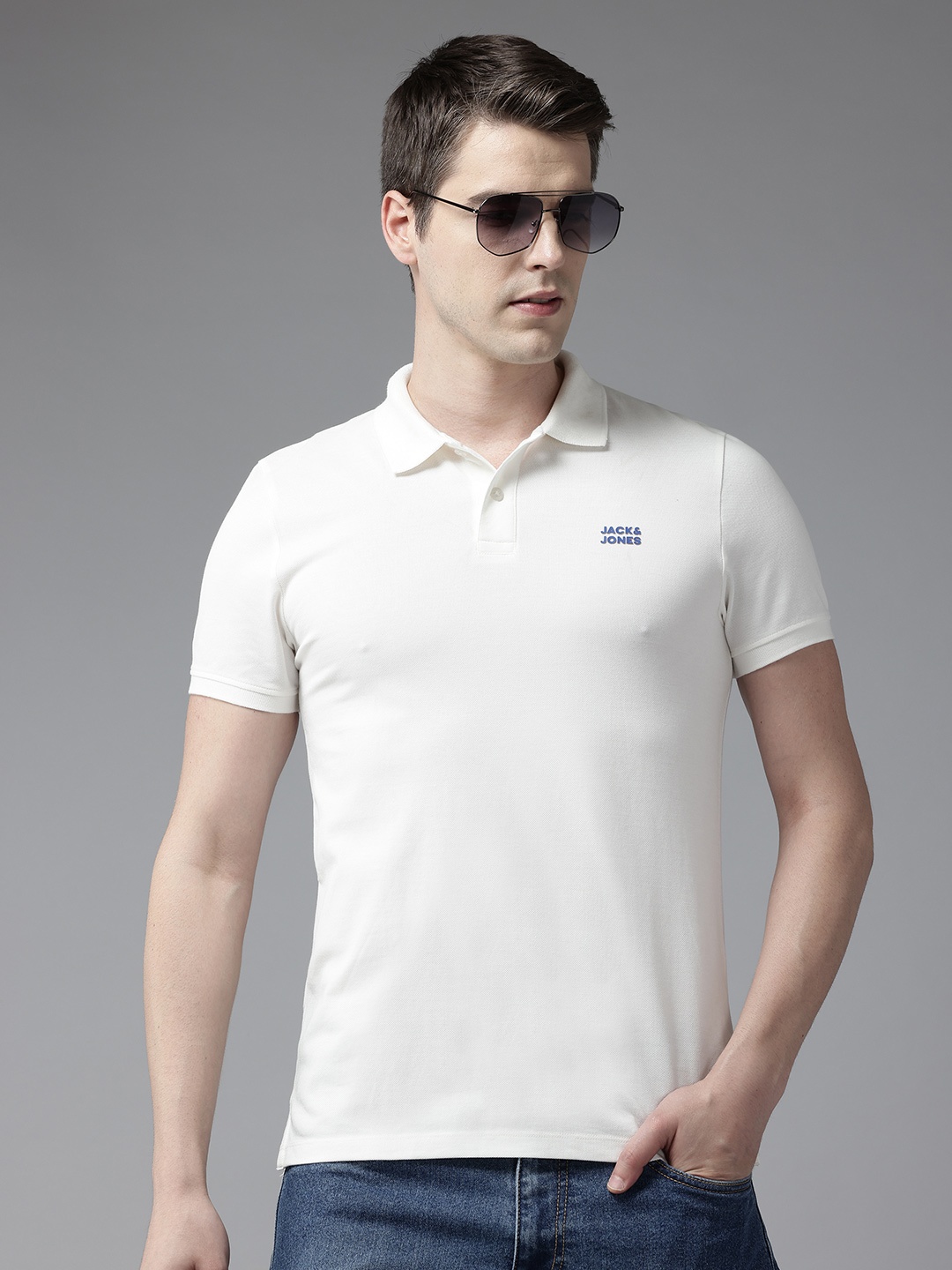 

Jack & Jones Men Polo Collar Slim Fit Pure Cotton T-shirt, White