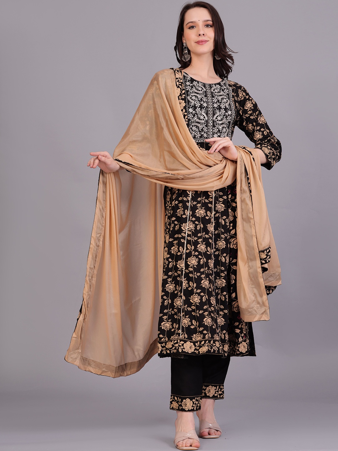 

KALINI Floral Printed Kurta & Trousers With Dupatta, Black