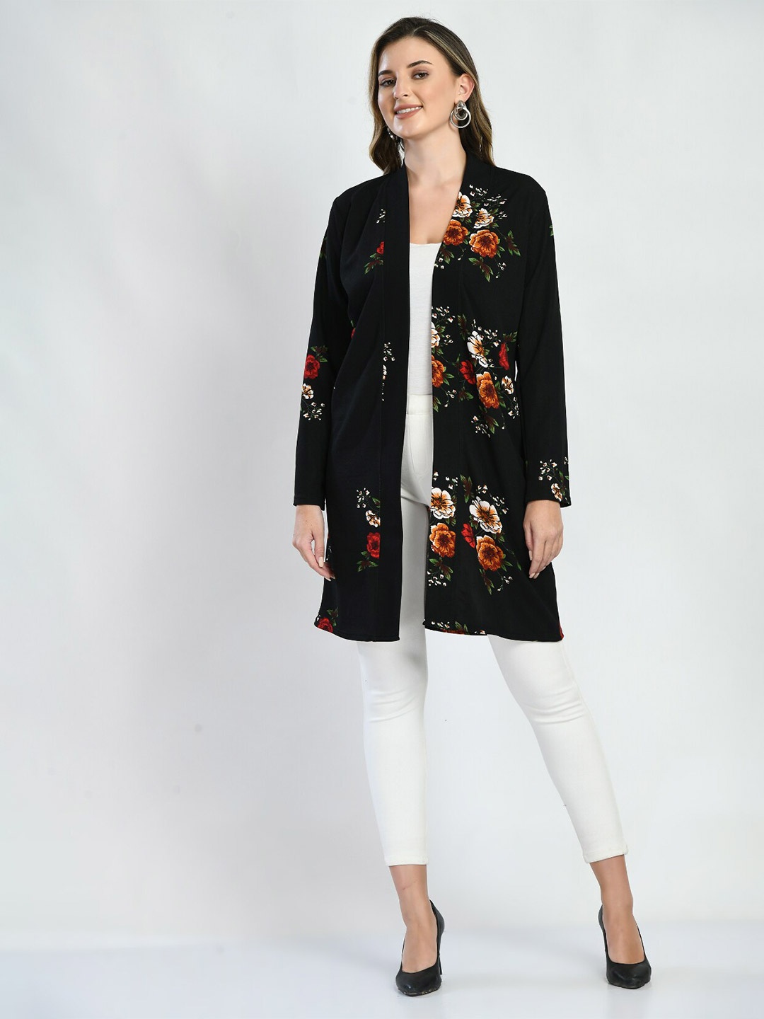 

Moshe Floral Printed Longline Open Front Shrug, Black