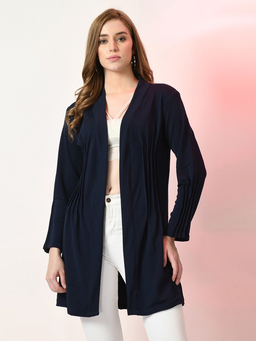 

Moshe Plated Longline Open Front Shrug, Navy blue