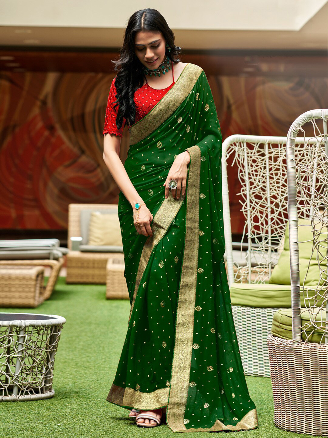 

Anouk Ethnic Motifs Woven Design Zari Saree, Green
