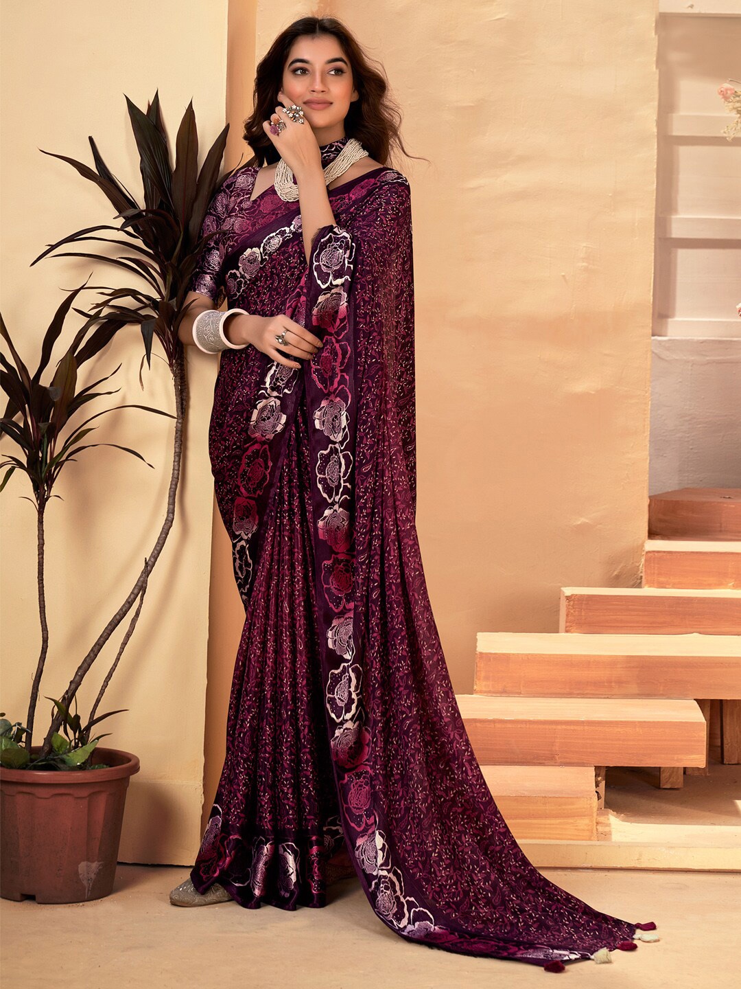 

Anouk Purple & Cream-Coloured Floral Printed Bagh Saree