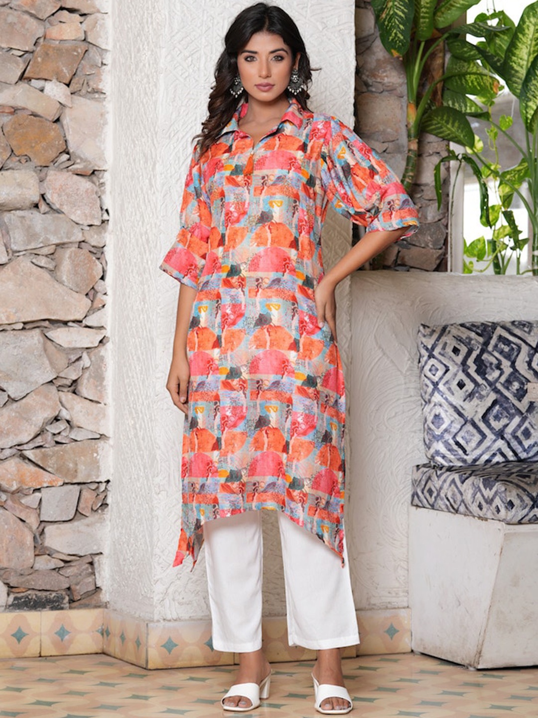 

Hatheli Abstract Printed Asymmetrical Tunic with Trousers, Orange