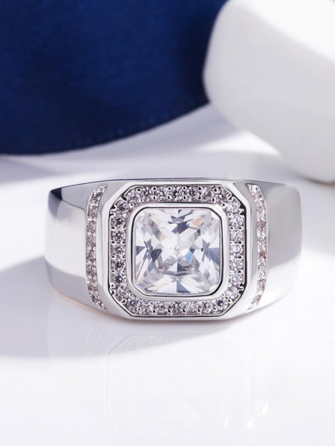 

MYKI Men Silver Plated Stainless Steel CZ-Studded Adjustable Band Finger Ring