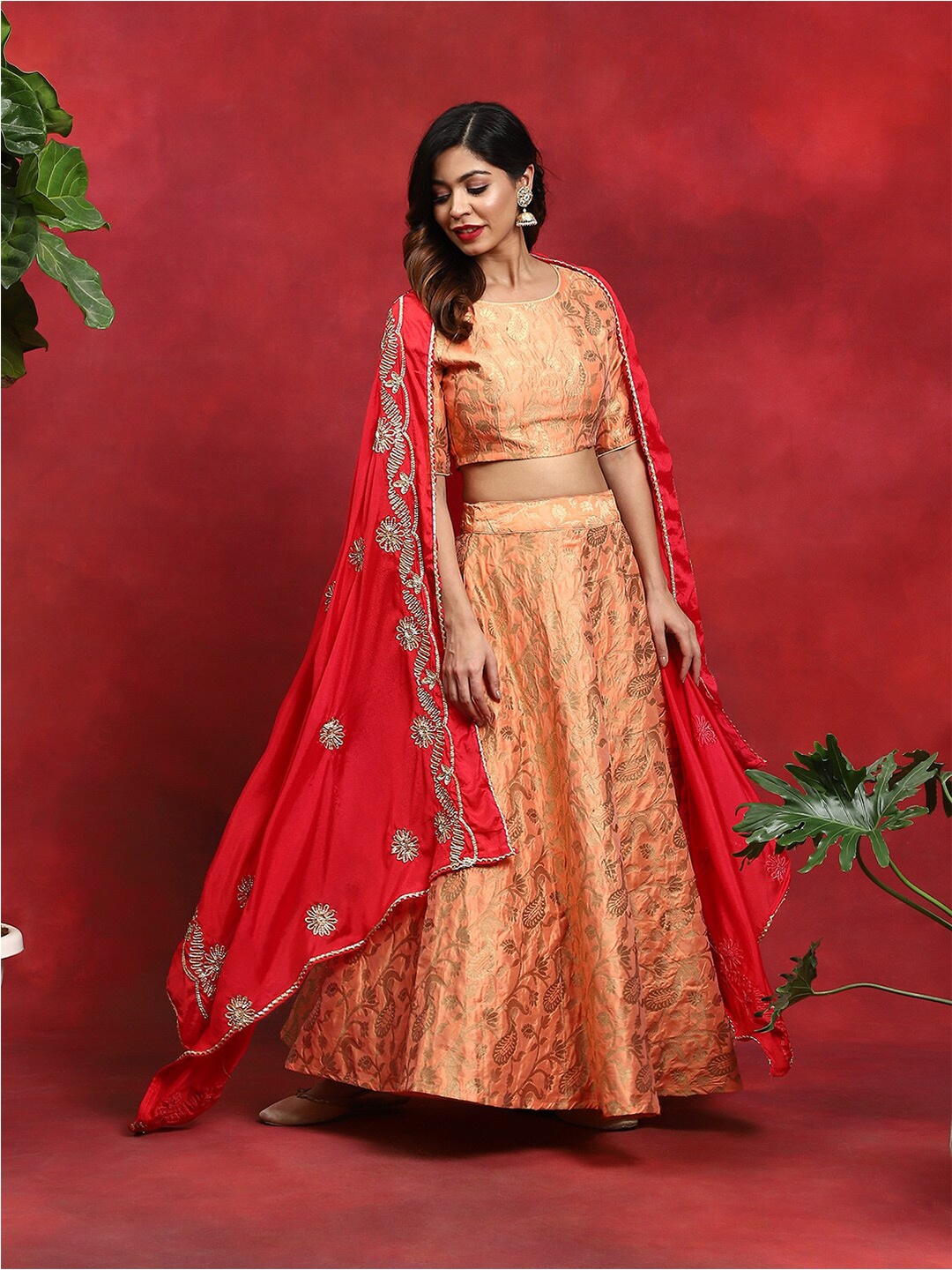 

AKS Couture Woven Design Ready to Wear Lehenga & Blouse With Dupatta, Peach