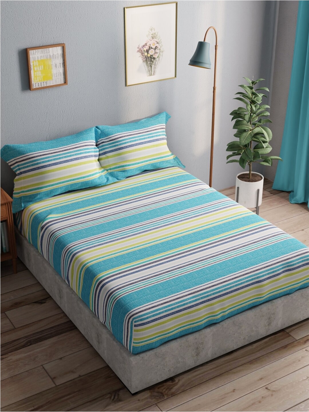 

BIANCA Blue & Yellow Striped Pure Cotton 140 TC Queen Bedsheet with 2 Pillow Covers