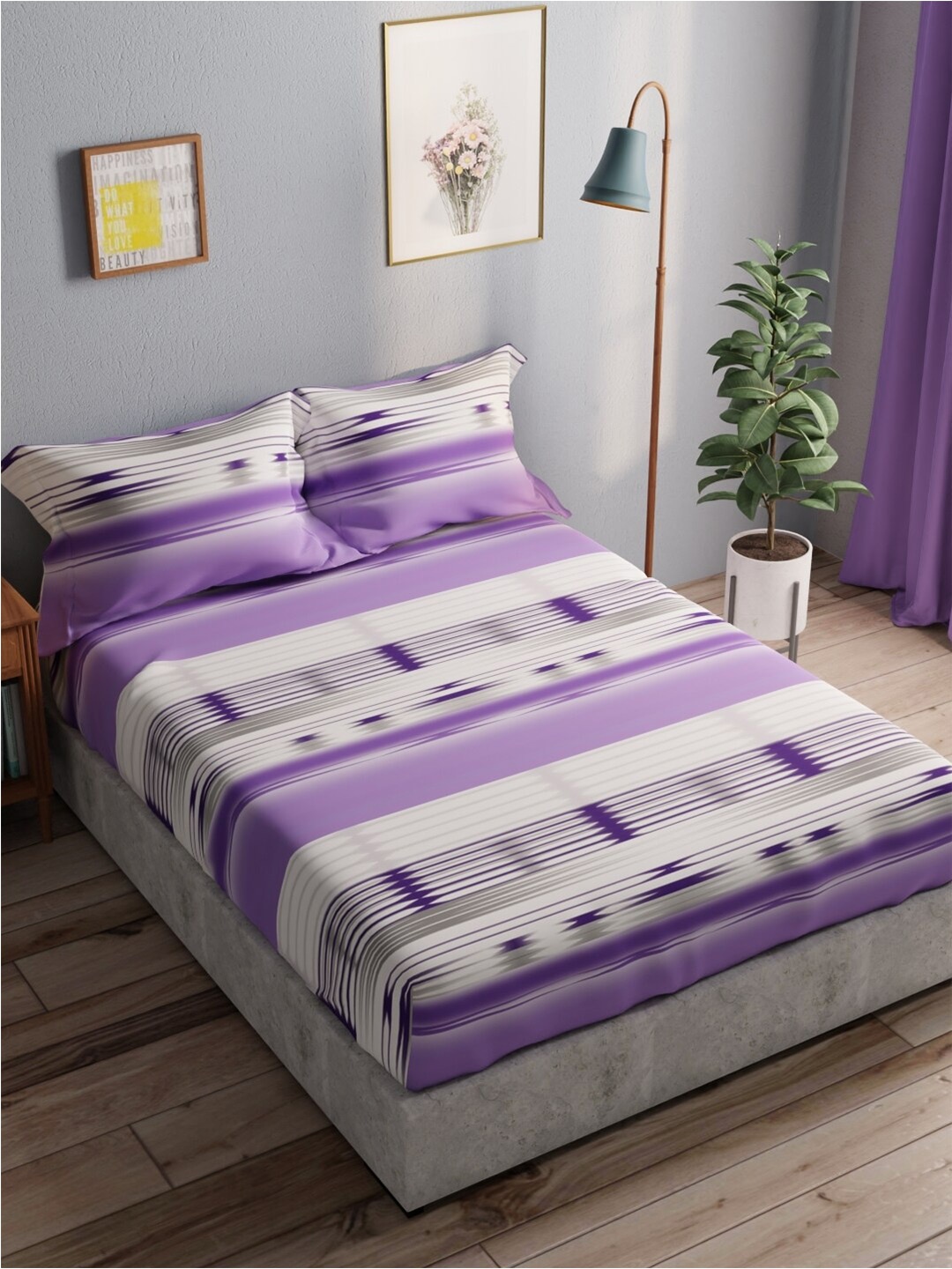 

BIANCA Amolina Purple & White Striped Pure Cotton 140 TC Queen Bedsheet & 2 Pillow Covers