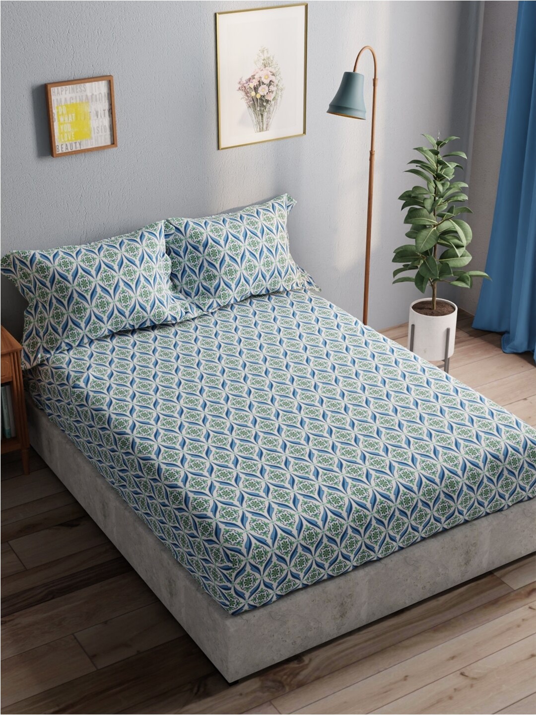 

BIANCA Blue & Green Ethnic Motifs Pure Cotton 140 TC Queen Bedsheet With 2 Pillow Covers