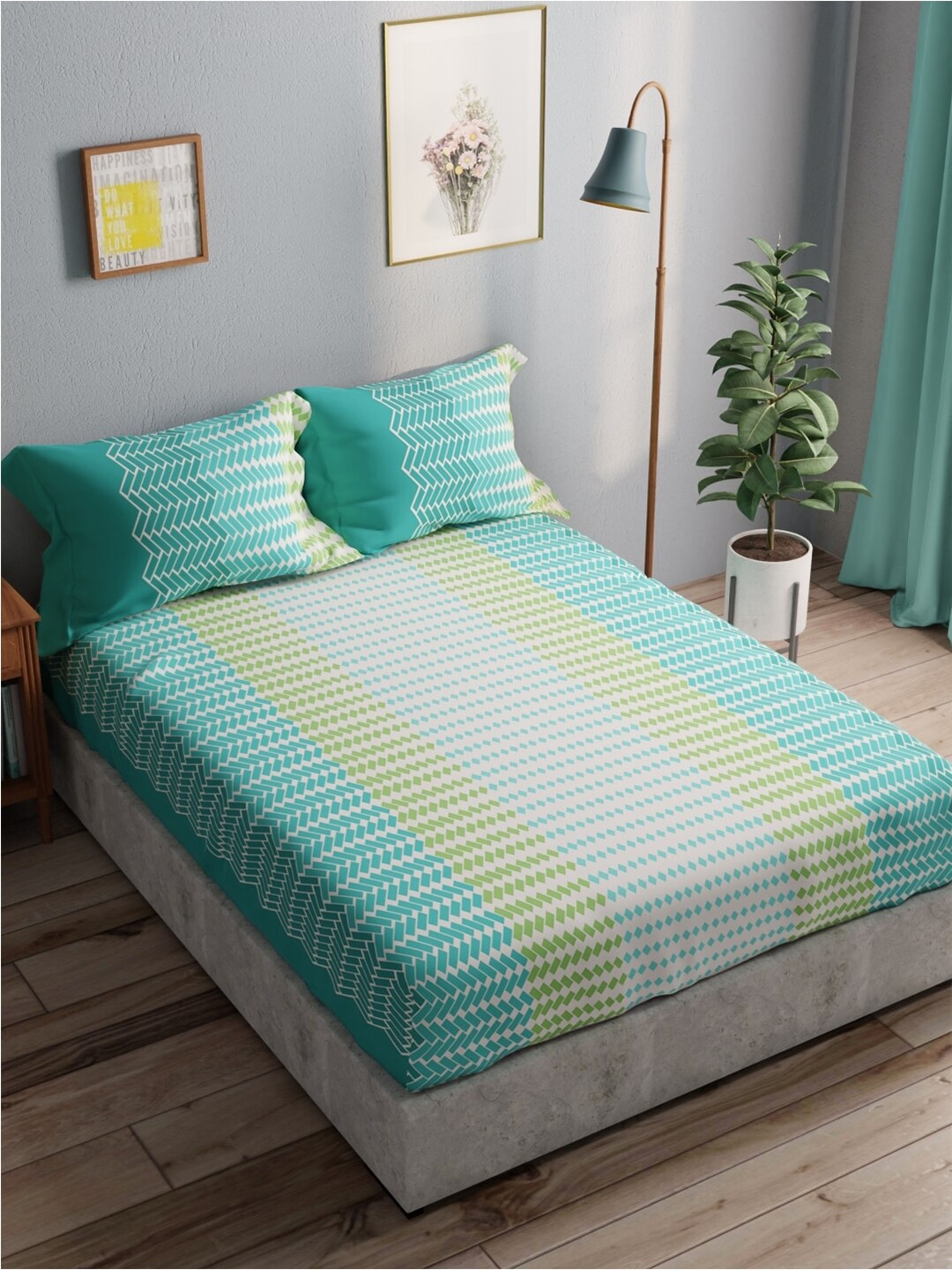 

BIANCA Green & White Geometric Pure Cotton 140 TC Queen Bedsheet With 2 Pillow Covers