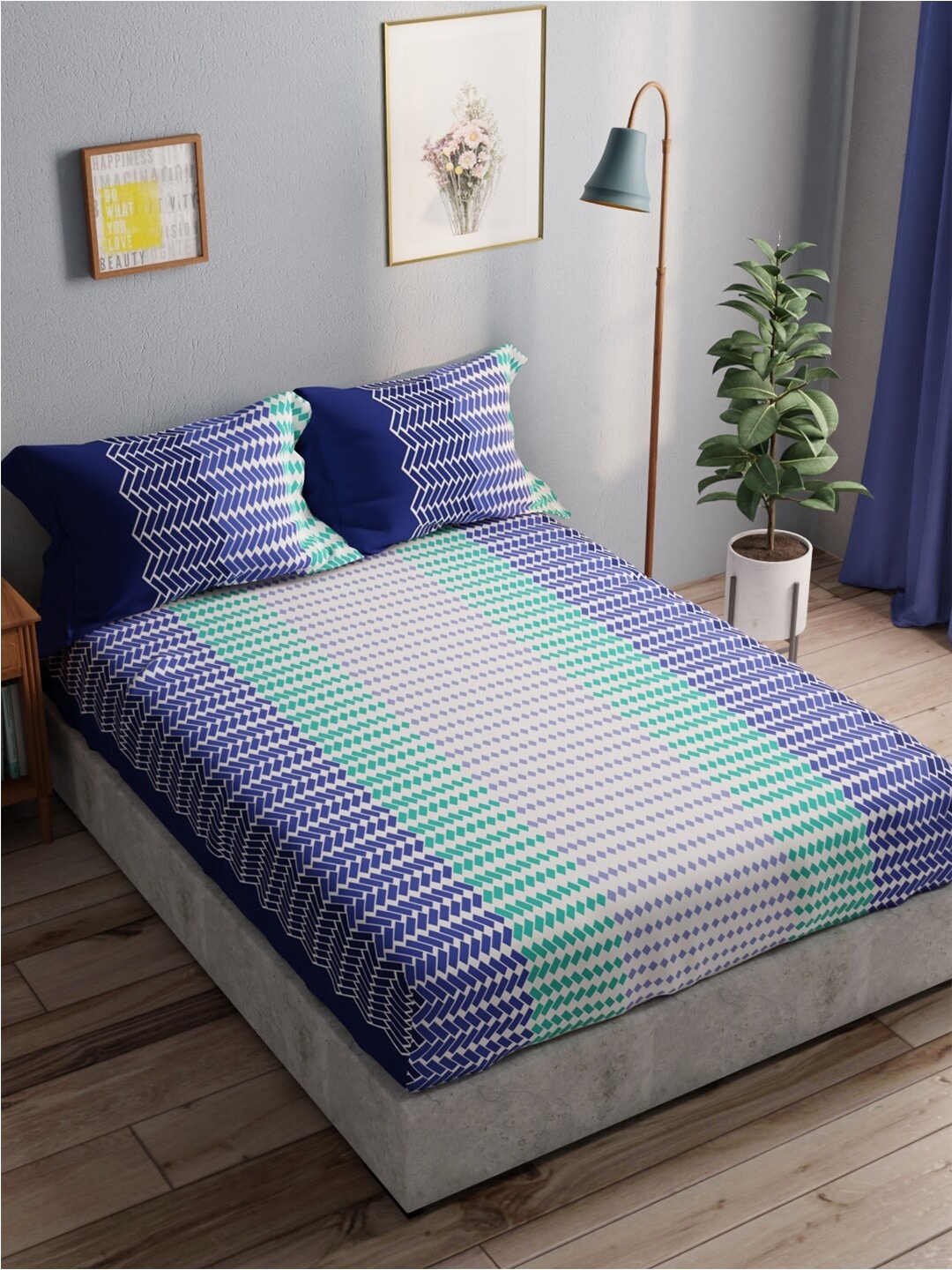 

BIANCA Blue & White Geometric Pure Cotton 140 TC Queen Bedsheet With 2 Pillow Covers