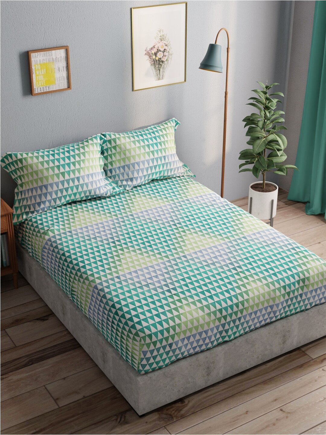

BIANCA Amolina Blue & Green Printed Cotton 140 TC Queen Bedsheet with 2 Pillow Covers