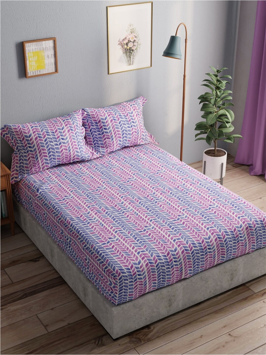 

BIANCA Amolina Blue & Purple Printed Cotton 140 TC Queen Bedsheet with 2 Pillow Covers