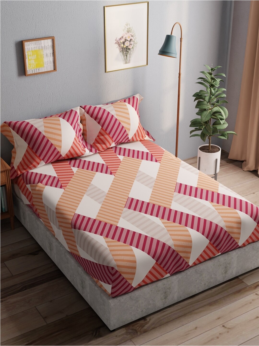 

BIANCA Rust & White Geometric Pure Cotton 140 TC Queen Bedsheet With 2 Pillow Covers